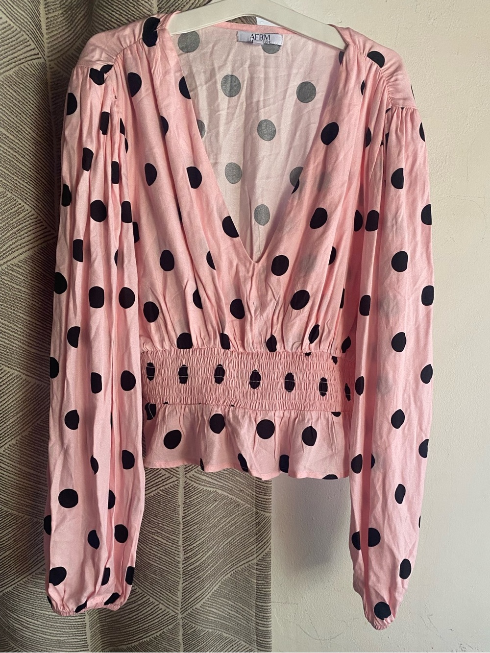 AFRM Pink Blouse with Black Polka Dots, V-Neck Smocked Waist Sz M